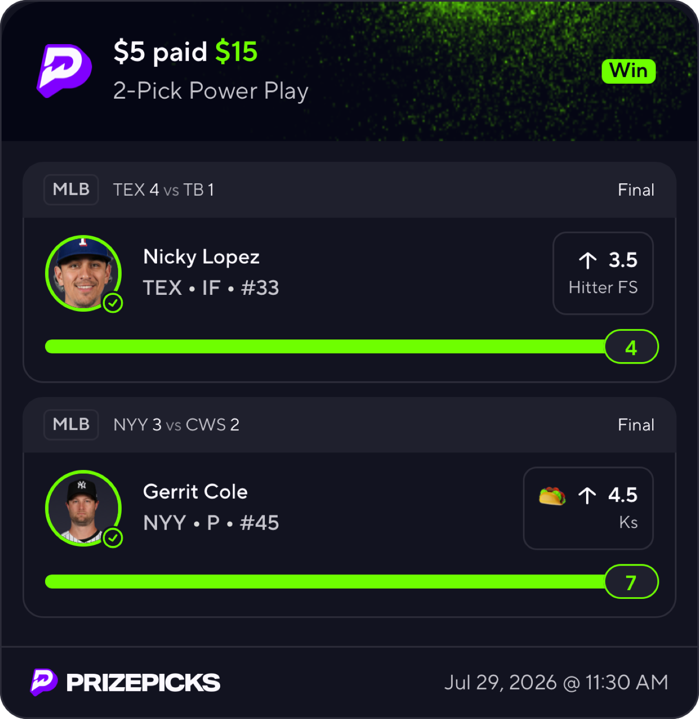 PrizePicks receipt showing a 5 dollar entry paid 15 dollars