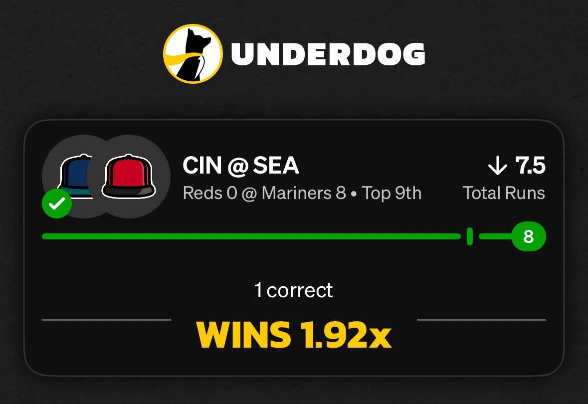 Underdog receipt showing a 1.92 times winning entry
